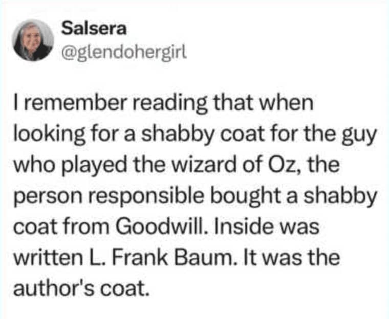 Tweet about Wizard of Oz costume team accidentally buying L. Frank Baum's actual coat from Goodwill