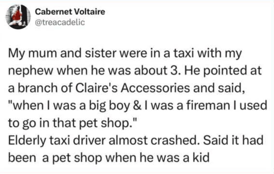 Tweet about toddler nephew claiming past life as fireman who visited a shop that was indeed once a pet store