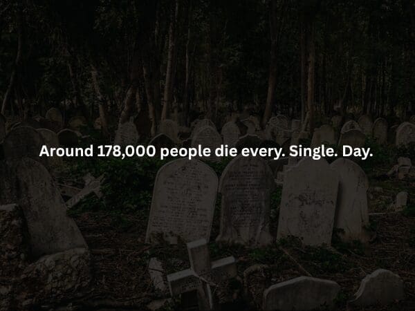 A somber, low-light image of a densely packed, ancient graveyard with weathered headstones tilting in the dirt. The overlaid spooky fact provides a jarring statistic: approximately 178,000 people die every single day across the globe.