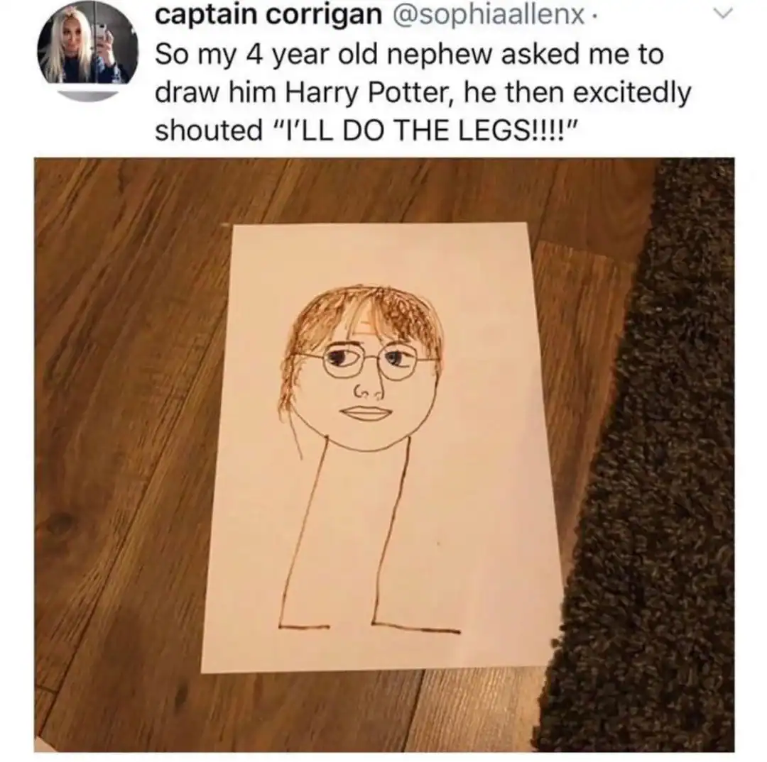 A child's innocent mistake results in a cursed image of Harry Potter drawn on white paper. While the head is recognizable with glasses and a lightning scar, the "legs" are just two straight, vertical lines that descend directly from the chin, bypassing the torso entirely.