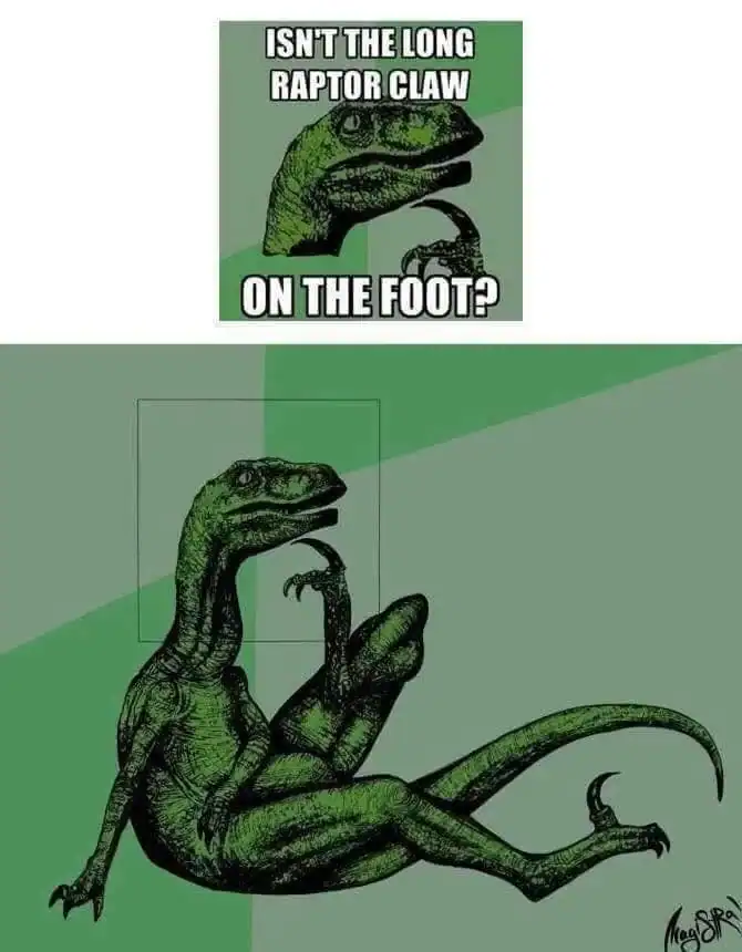The classic Philosoraptor meme is deconstructed in this cursed image that explores dinosaur anatomy. The full-body illustration shows the raptor sitting in a contemplative pose, using its oversized, curved foot claw to scratch its chin in deep thought.