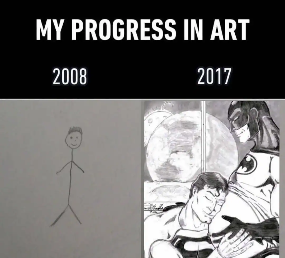 An art progress comparison concludes with a cursed image that is difficult to forget. While the 2008 sketch is a simple stick figure, the 2017 "improvement" is a highly detailed pencil drawing of a pregnant Batman being tenderly embraced by Superman.