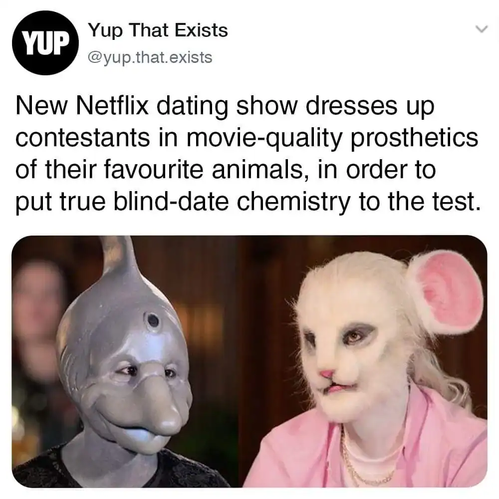 Contestants on a bizarre dating show wear movie-quality animal prosthetics in this cursed image designed to test blind-date chemistry. One person is encased in a grey, multi-eyed dolphin-man mask while the other is a fuzzy white mouse-human hybrid with large pink ears.