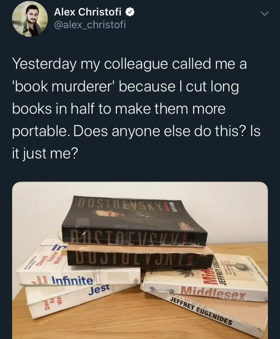 A collection of massive literary works, including Infinite Jest and various Dostoevsky novels, has been brutally sawn in half. This cursed image captures a self-proclaimed "book murderer's" attempt to make thick paperbacks more portable through tactical destruction.