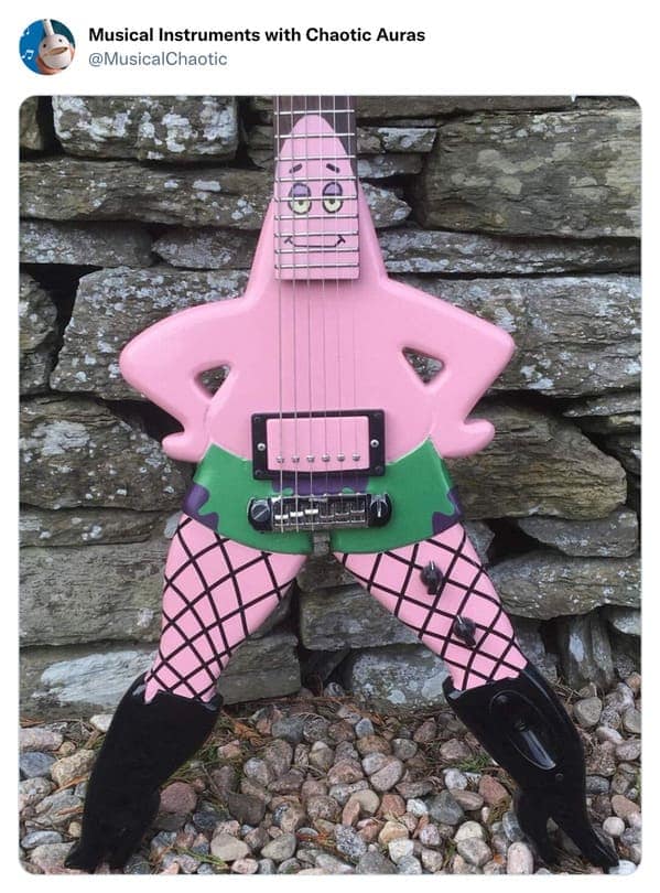 A cursed instrument guitar shaped like Patrick Star from The SpongeBob SquarePants Movie. The body features Patrick’s torso wearing his iconic green trunks, fishnet stockings, and black high-heeled boots. His dazed, smug face is printed on the upper neck, making every chord feel like a fever dream.
