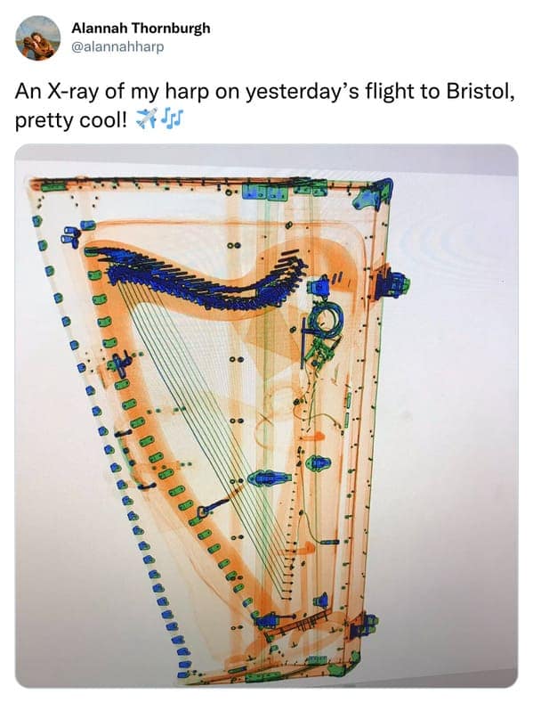 A visually striking cursed instrument X-ray of a Celtic harp passed through airport security. The scan reveals the internal skeletal structure of the instrument, with the metal tuning pins and internal supports glowing in neon blue and orange against the ghostly wood frame.