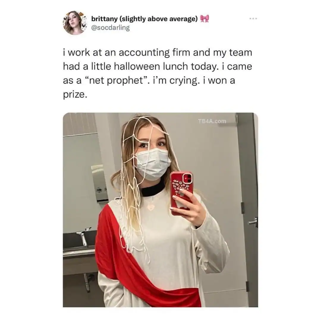 A clever professional dad joke from an accounting firm employee. For Halloween, she dressed as a "net prophet" (net profit), wearing a traditional white robe and red sash with a literal fishing net draped over her head.