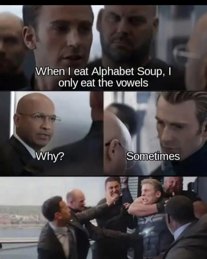A Marvel-themed dad joke using the Captain America elevator fight template. Steve Rogers claims he only eats the vowels in alphabet soup. When asked "Why?", he delivers the knockout punch: "Sometimes" (referring to the rule 'A, E, I, O, U, and sometimes Y').