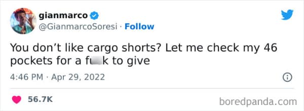A screenshot of a tweet from Gianmarco Soresi defending a staple of fatherhood fashion. The text reads: "You don't like cargo shorts? Let me check my 46 pockets for a f*** to give," highlighting the practical but mocked nature of the garment.