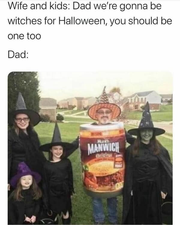 A hilarious family photo where the wife and daughters are dressed as traditional witches for Halloween. The father, taking the prompt literally, is dressed in a giant, oversized can of Hunt’s Manwich sloppy joe sauce, complete with a matching patterned witch hat.