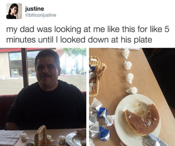 A two-panel dad meme showing a father sitting in a diner booth with a satisfied smirk. The second panel reveals his breakfast plate, where he has cut a wedge out of his pancake to look like Pac-Man, chasing a row of four small creamer cups lined up on the table.
