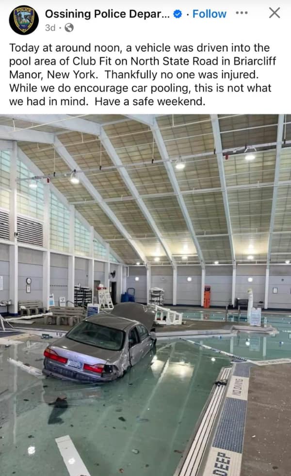 A screenshot of a Facebook post from the Ossining Police Department showing a silver sedan partially submerged in a large indoor public swimming pool. The caption contains a classic dad-joke pun about encouraging car pooling while clarifying this wasn't what they had in mind.