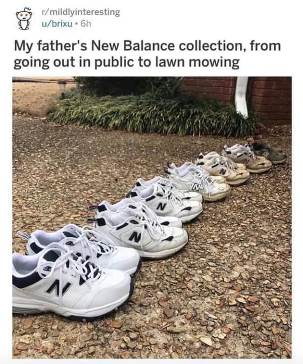 A photo of a lineup of white New Balance sneakers arranged in a row on a gravel driveway. The shoes progress from left to right, starting with a pristine white pair for public use and ending with several pairs heavily stained green from years of lawn mowing duty.