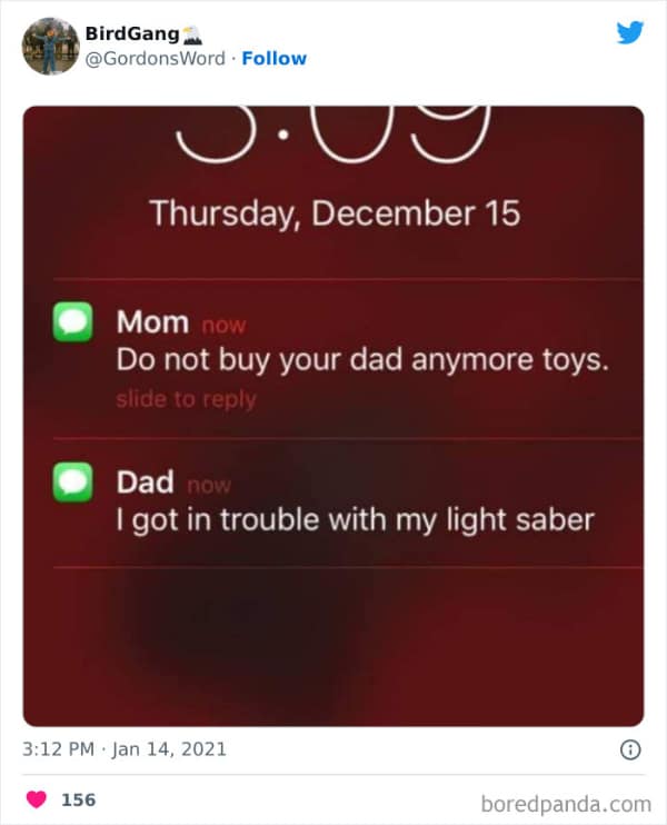 A phone lock screen showing two conflicting text notifications from parents. The mom's message warns the recipient not to buy the father any more toys, while the dad's message immediately follows, admitting he already got in trouble with his new lightsaber.