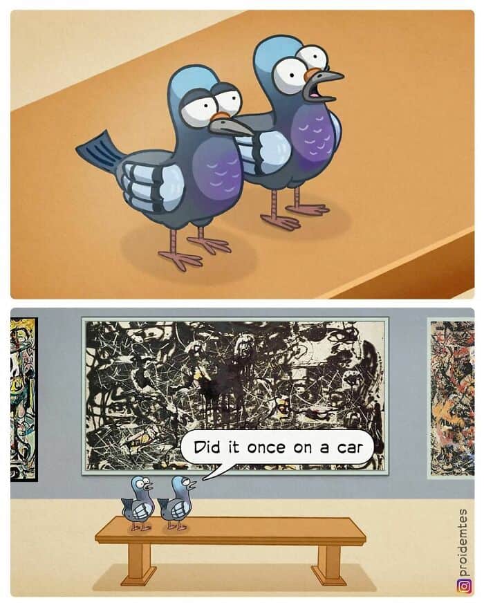 An "art critic" dark humor comic featuring two pigeons in a gallery. They are staring at a massive Jackson Pollock-style splatter painting. One pigeon casually turns to the other and remarks, "Did it once on a car."