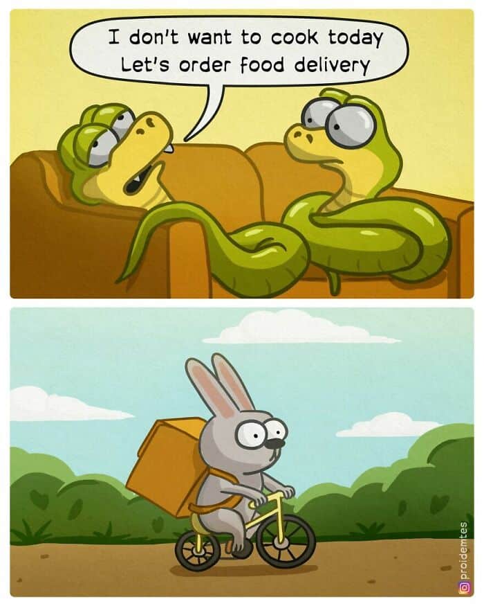 A predatory dark humor comic featuring two snakes on a couch. One says, "I don't want to cook today, let's order food delivery." The bottom panel shows a cute bunny on a bicycle carrying a delivery box, unaware that he is likely the intended meal.