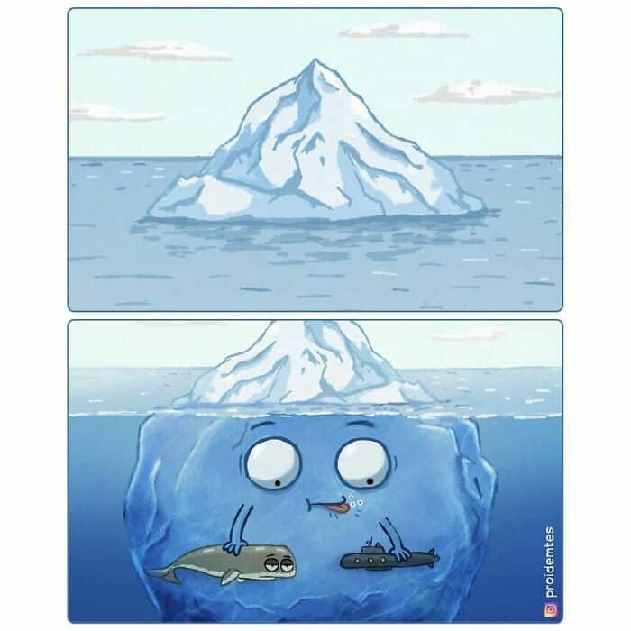 whimsical but tragic Proidemtes comic showing an iceberg. Above water, it looks normal, but the cross-section reveals the submerged portion has a face and arms, and it's playing with a whale and a submarine like they are bathtub toys.