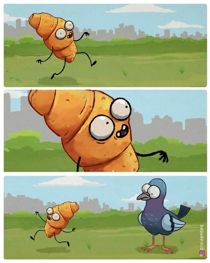 Proidemtes comic showing a personified croissant with arms and legs running happily through a park. The final panel shows the croissant stopping in its tracks, looking horrified as it comes face-to-face with a hungry, wide-eyed pigeon.