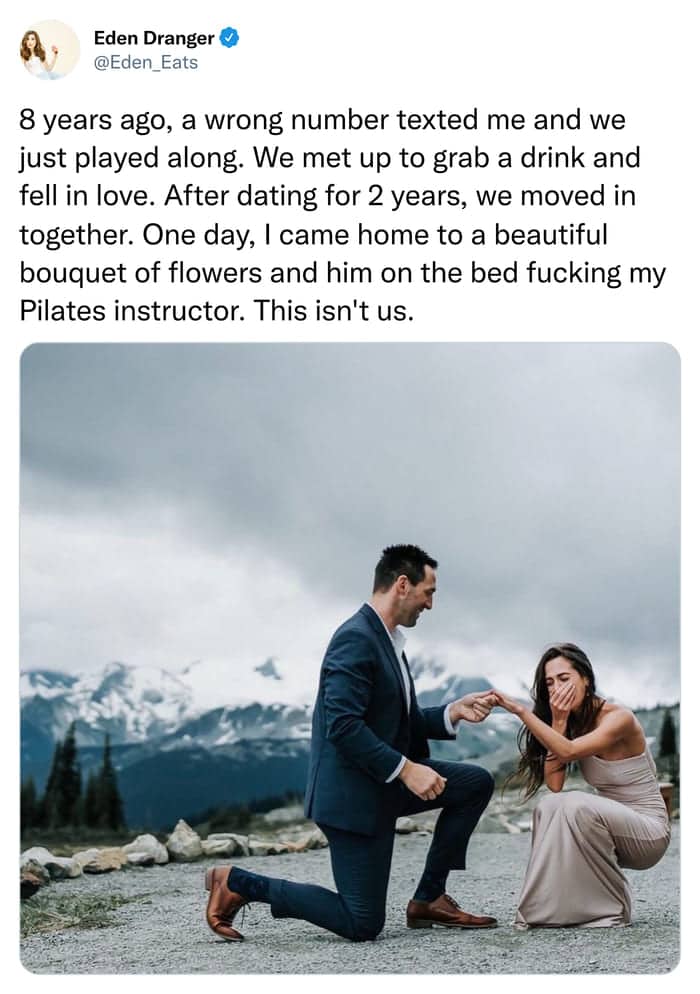 Viral tweet about wrong number romance ending in cheating scandal captioned this isn't us with mountain proposal photo