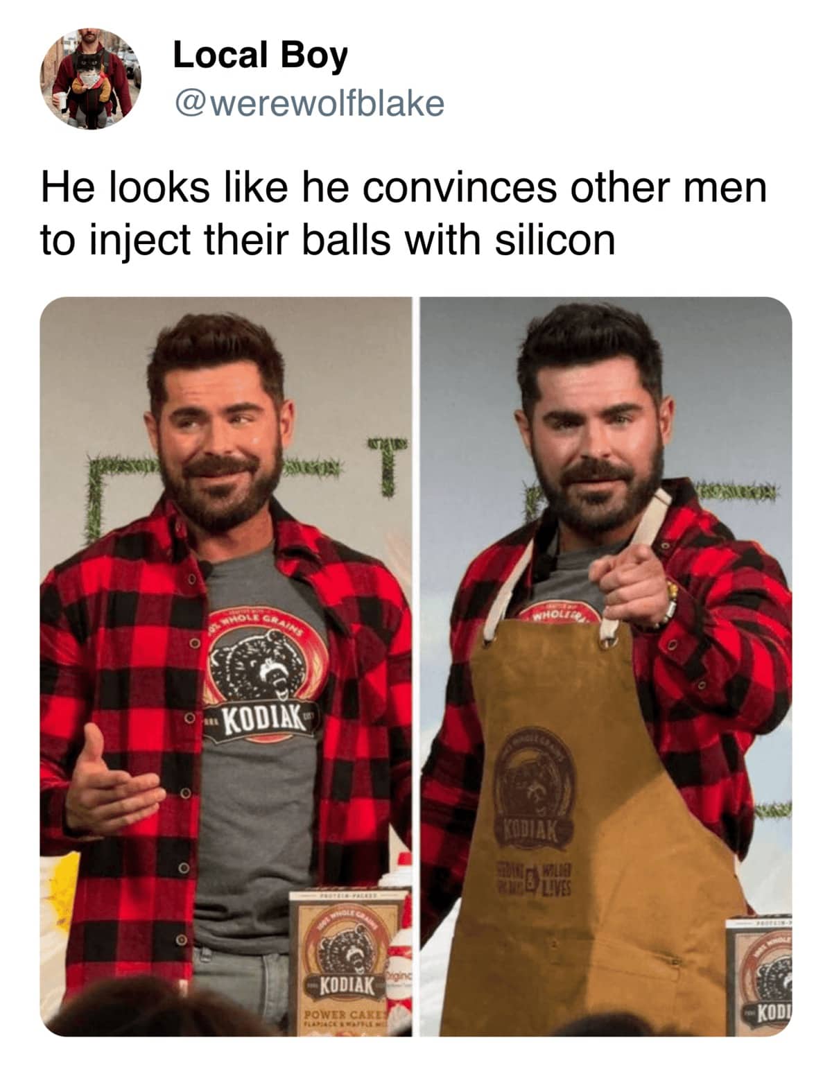Viral roast tweet about flannel-wearing man at Kodiak brand event with extremely specific lumberjack-bro insult