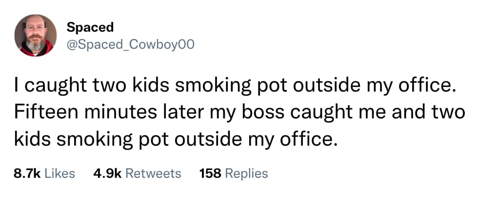 Viral tweet about man catching kids smoking outside office then joining them and getting caught by boss
