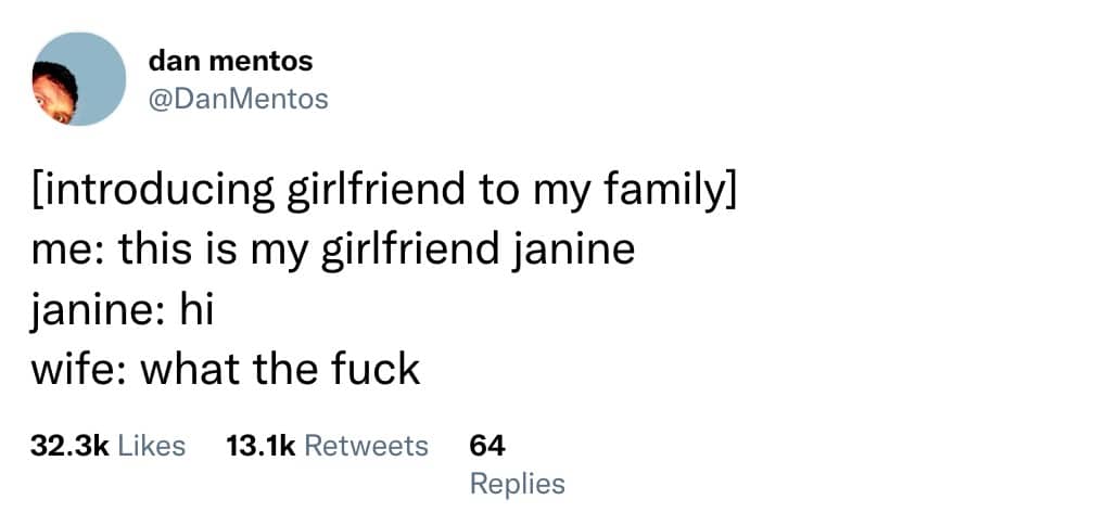 ark comedy tweet about man introducing girlfriend to family only for wife to respond in the room