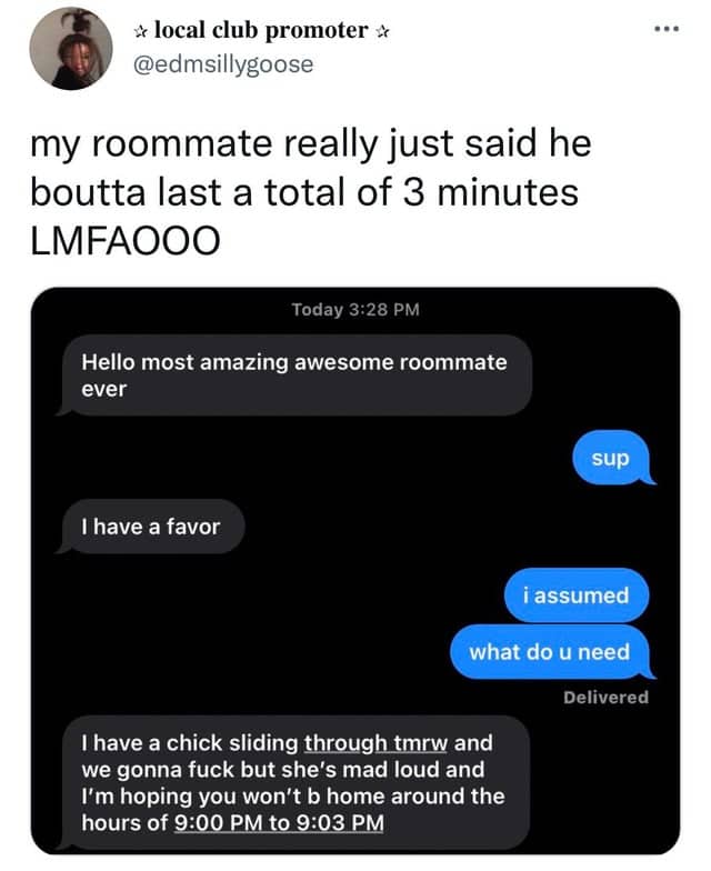 Viral tweet mocking roommate who texted asking for privacy from 9 PM to only 9:03 PM
