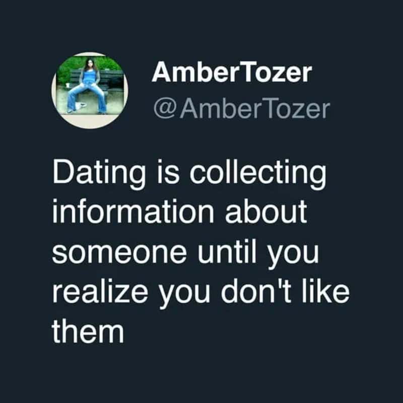 Dark humour tweet defining dating as collecting information until you realize you dislike them
