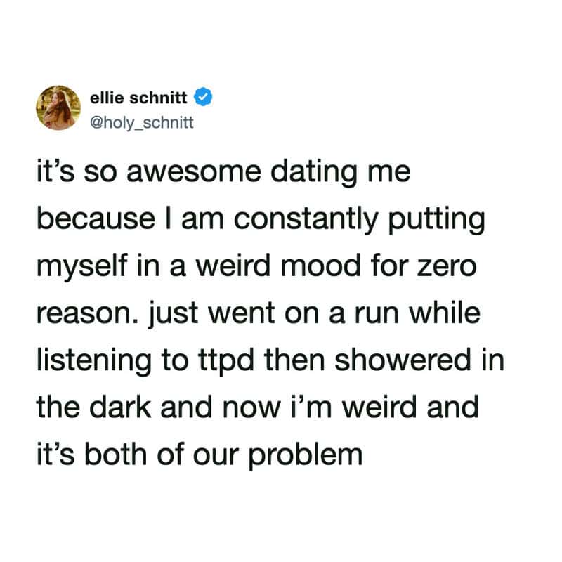 Funny tweet about dating someone who showers in the dark after running to sad music