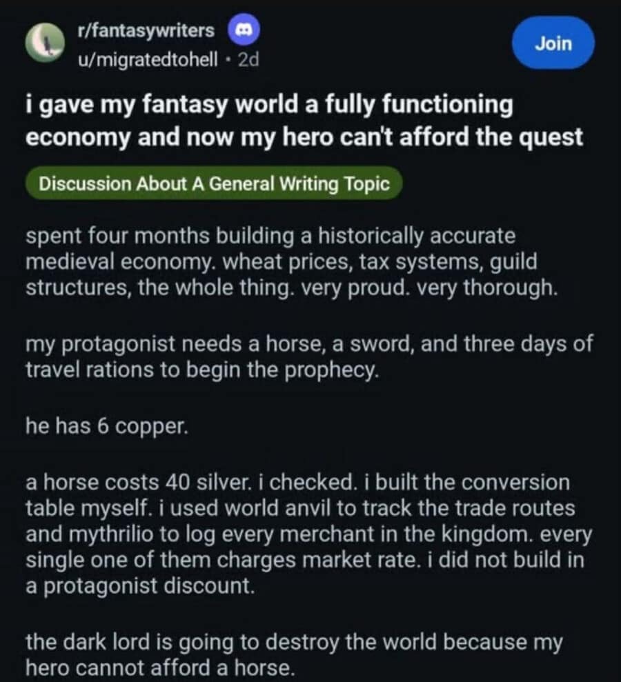 A screenshot of a hilarious Reddit post from r/fantasywriters where a worldbuilder laments that their historically accurate medieval economy backfired. After months of detailing wheat prices and trade routes, the protagonist only has 6 copper and cannot afford the 40-silver horse required to start the world-saving prophecy.