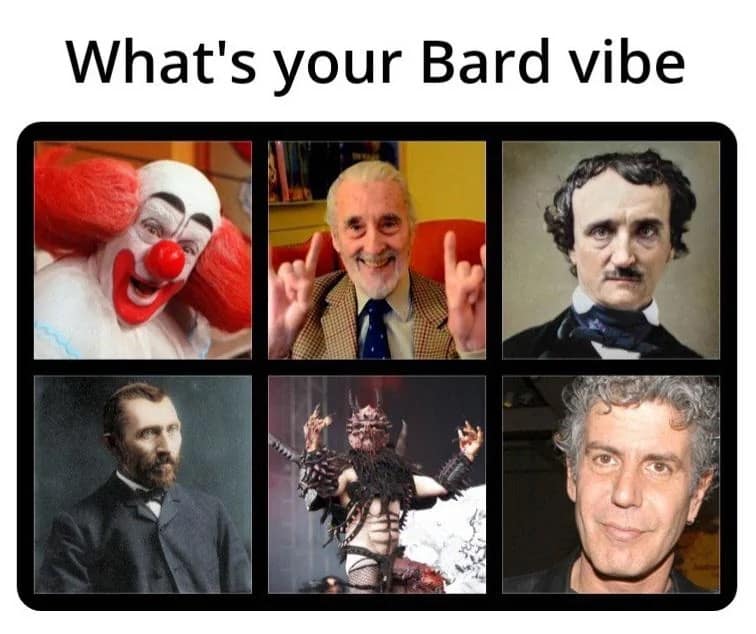 A character-archetype dnd meme titled "What's your Bard vibe?" featuring a grid of six distinct icons: Bozo the Clown, metal-vocalist Christopher Lee, Edgar Allan Poe, Vincent van Gogh, a GWAR monster musician, and the late Anthony Bourdain.