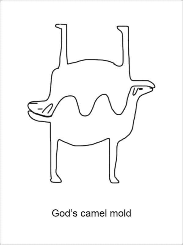 surreal funny Demetri Martin drawing showing "God’s camel mold." Two line-art camels, one inverted on top of the other, have humps that interlock perfectly like a jigsaw puzzle or a manufacturing cast.