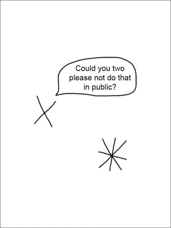witty funny Demetri Martin drawing of a cross and a star-shaped symbol. The cross is telling the other symbol, "Could you two please not do that in public?" through a speech bubble, implying a scandalous interaction between mathematical characters.
