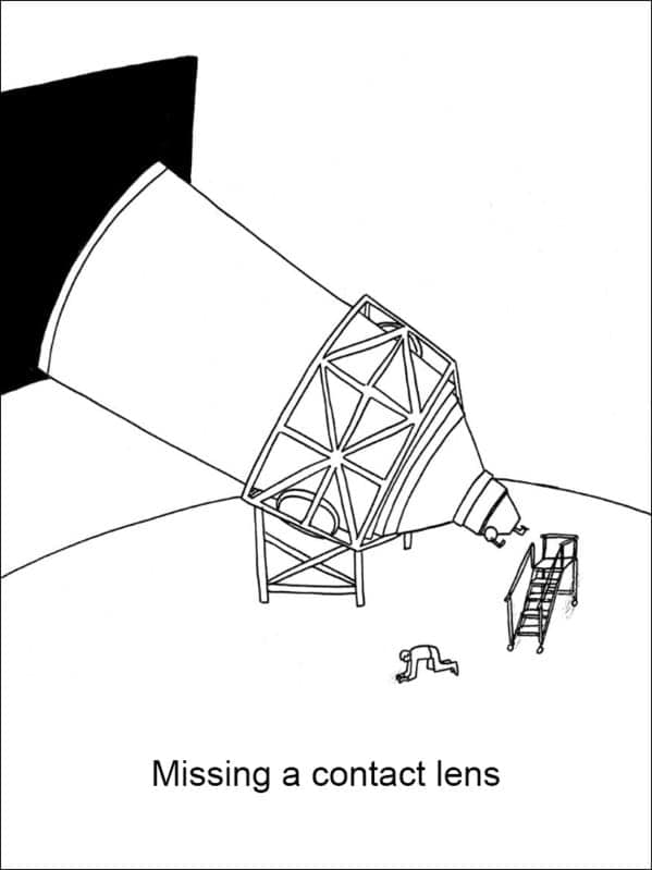 surreal funny Demetri Martin drawing titled "Missing a contact lens" where a tiny person is crawling on the ground searching for a lens in front of a massive, building-sized astronomical telescope.