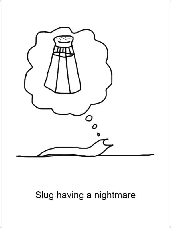 A clever funny Demetri Martin drawing titled "Slug having a nightmare." It depicts a simple line-art slug lying on the ground with its mouth agape in a silent scream, while a thought bubble above it reveals its greatest fear: a giant salt shaker.