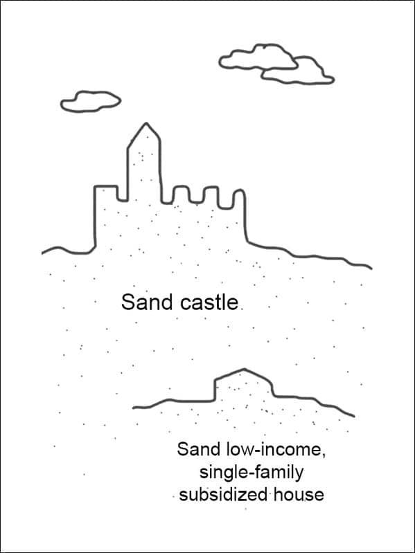satirical funny Demetri Martin drawing comparing seaside architecture. A large, ornate sand castle is shown above a much smaller, humble mound of sand labeled as a "sand low-income, single-family subsidized house."