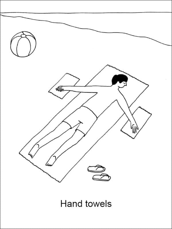 visual pun funny Demetri Martin drawing titled "Hand towels." A man is sunbathing on a large beach towel with his arms spread out, resting each palm on its own individual, tiny rectangular towel.