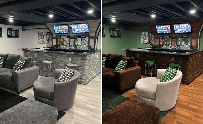 A "pick your poison" comparison of a basement bar area, showing a monochromatic grey stone finish next to a warm wood and green-accented version, highlighting two very different flavors of questionable home decor.