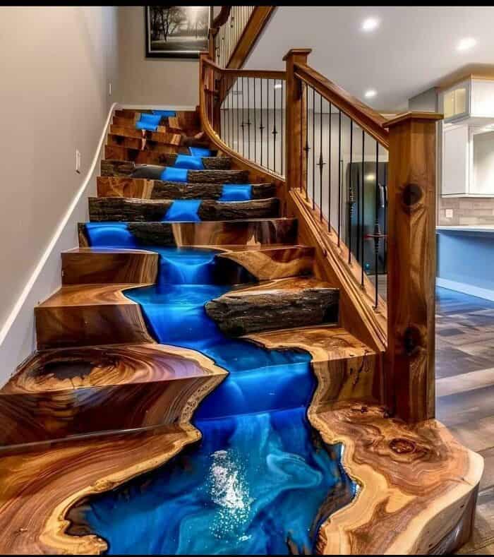 A visually overwhelming design fail staircase featuring heavy, natural wood slabs with a bright blue "waterfall" resin pour cascading down the center. While technically impressive, it stands as a loud piece of questionable home decor.