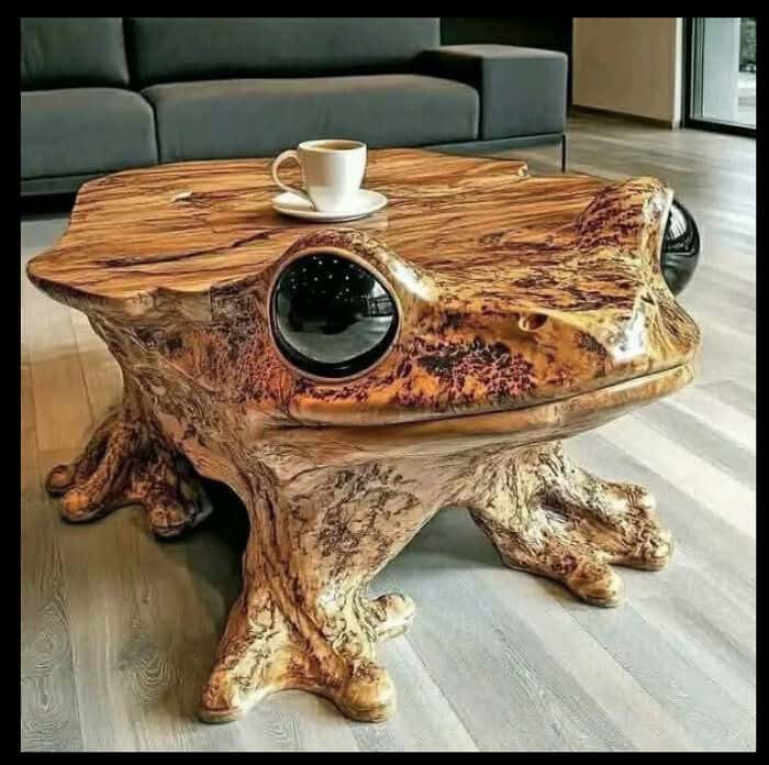 A literal "frog table" design fail featuring a wooden coffee table carved into the shape of a giant bullfrog, complete with large, bulging glass eyes. This unique piece of questionable home decor dominates the living room.