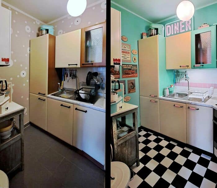 A "before and after" kitchen renovation design fail that transforms a neutral space into a 1950s-style diner. The update features mint-teal walls, a neon "DINER" sign, and high-contrast black-and-white checkered floors, a very specific taste in questionable home decor.