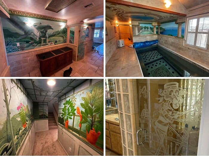 A collage of design fails from a single residence, including a bathroom mural of leaping dolphins, a tropical forest hallway, and a frosted glass shower door etched with a large cartoon character, embodying a maximalist approach to questionable home decor.