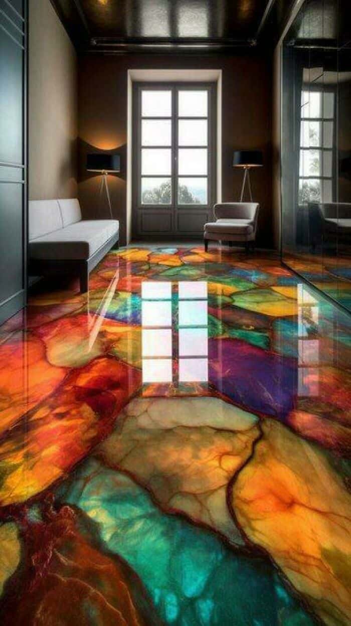 A dizzying design fail featuring a high-gloss epoxy floor designed to mimic giant, multicolored slices of agate or stained glass. The floor’s extreme reflectivity and chaotic patterns make for a disorienting example of questionable home decor.