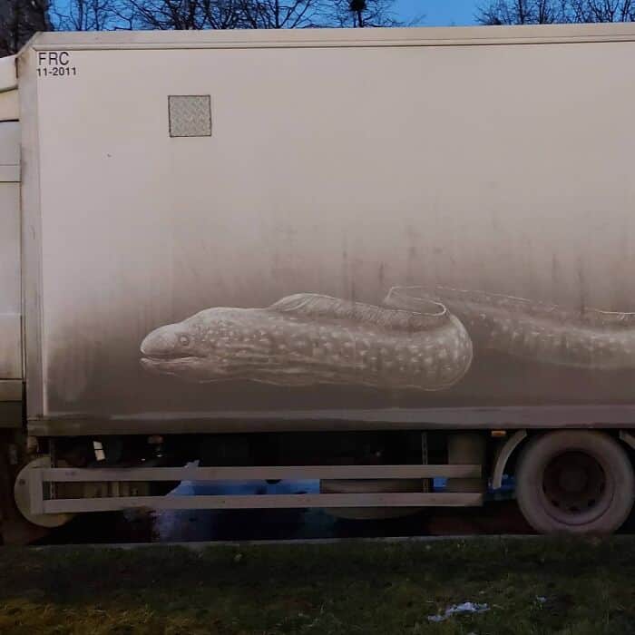 A realistic Moray eel etched into the side of a large dirty white van.