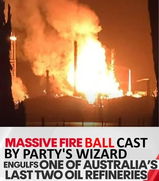 A chaotic dnd meme showing an oil refinery engulfed in a massive explosion. The text rebrands the industrial disaster as the consequence of the party's Wizard casting a "Fireball" spell in a highly flammable environment.