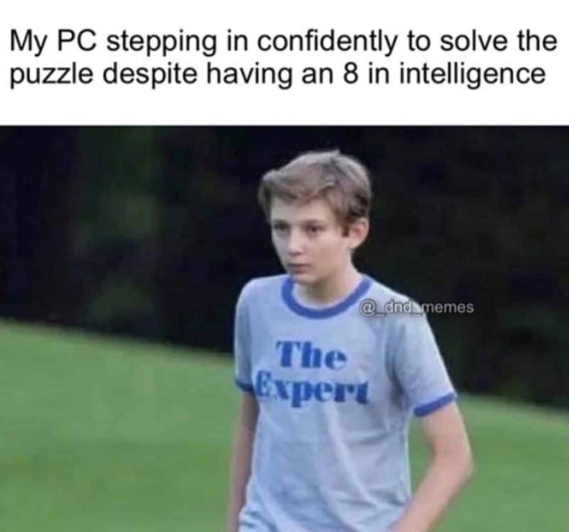 A hilarious d&d meme using the "The Expert" kid template. A young boy in a blue-trimmed shirt walks with misplaced confidence. The caption reads: "My PC stepping in confidently to solve the puzzle despite having an 8 in intelligence."