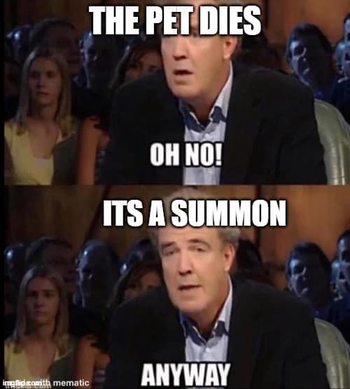 A cynical dnd meme using the Jeremy Clarkson "Anyway" format. The top panel reacts to a pet dying with "OH NO!", while the bottom panel reveals "ITS A SUMMON," followed by a dismissive "ANYWAY."