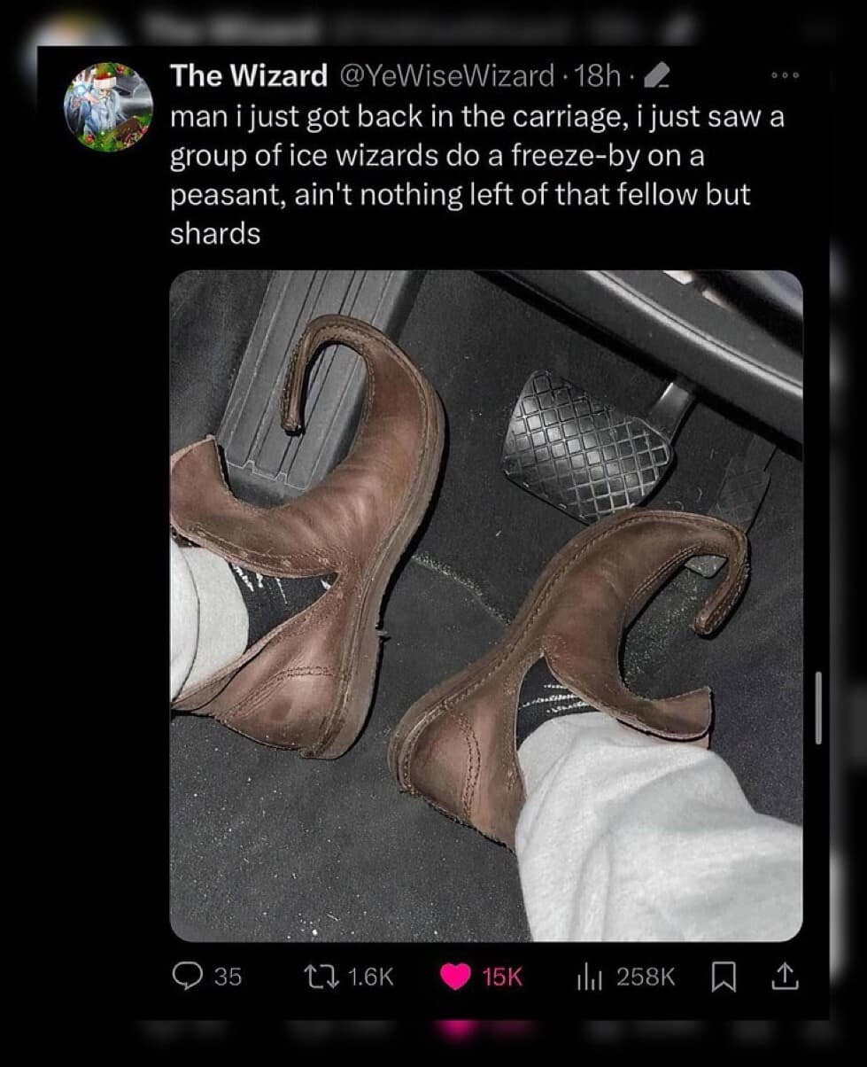 A fantasy-reskinned dnd meme tweet. The photo shows brown, curled-toe "elf shoes" next to the gas and brake pedals of a modern car. The text describes seeing ice wizards do a "freeze-by" on a peasant, leaving nothing but shards.