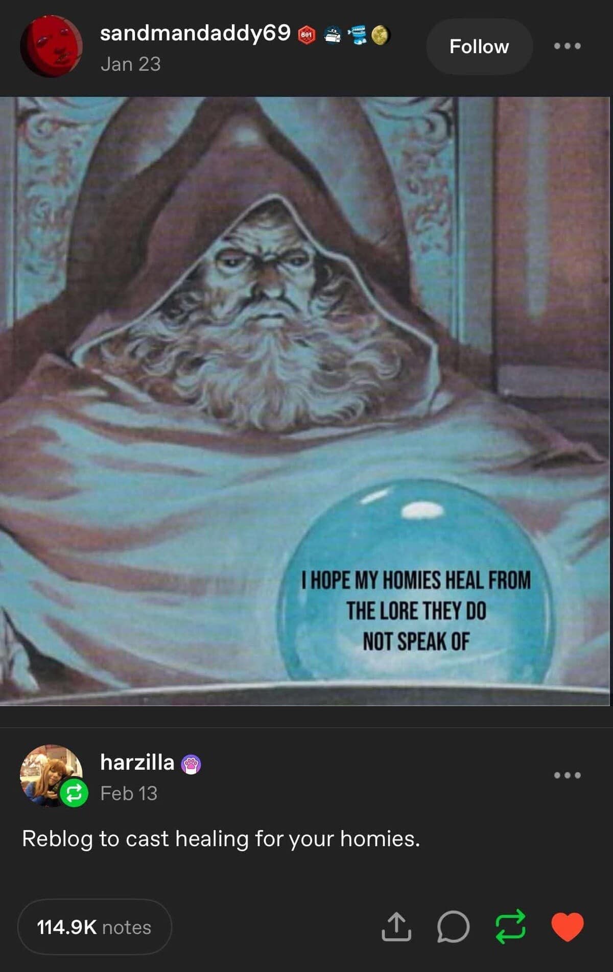 A magical d&d meme using the famous "Pondering the Orb" artwork. The text inside the wizard's glowing blue sphere reads, "I hope my homies heal from the lore they do not speak of," with a reblog prompt below to "cast healing."