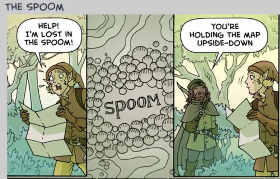 A hilarious three-panel d&d meme comic titled "THE SPOOM." An elf character panics because he is lost in a place called the Spoom, only for his companion to point out that the map is upside down and actually says "WOODS."